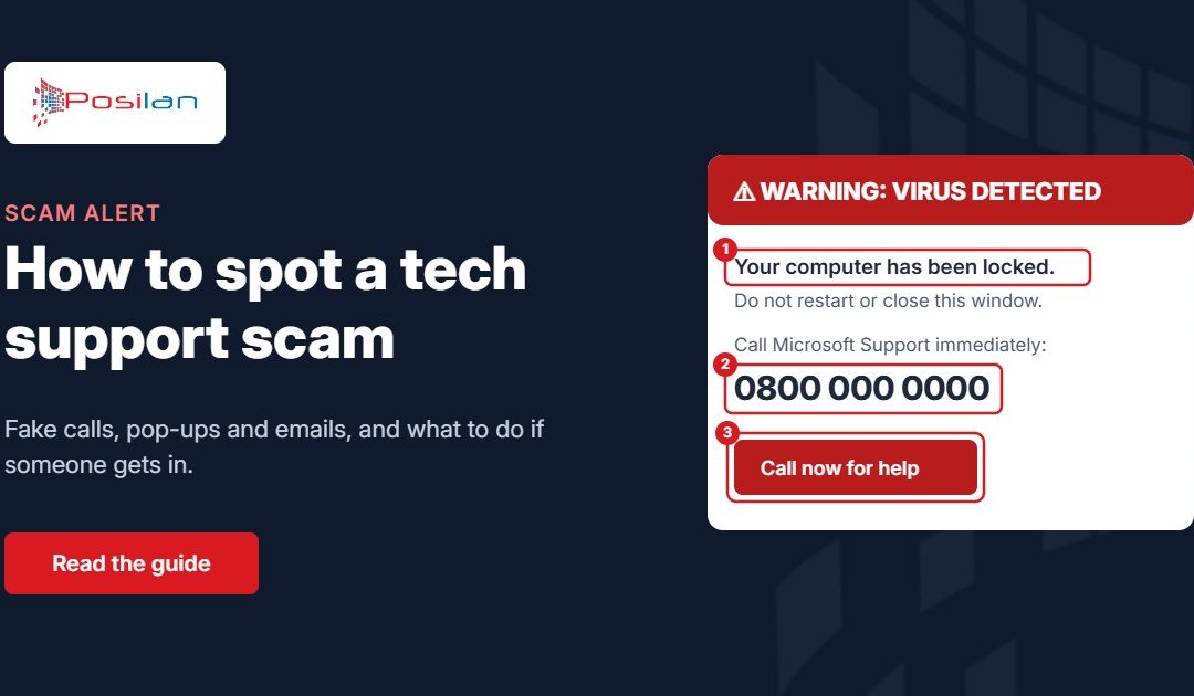 Tech support scams: a fake virus warning pop-up with three warning signs highlighted